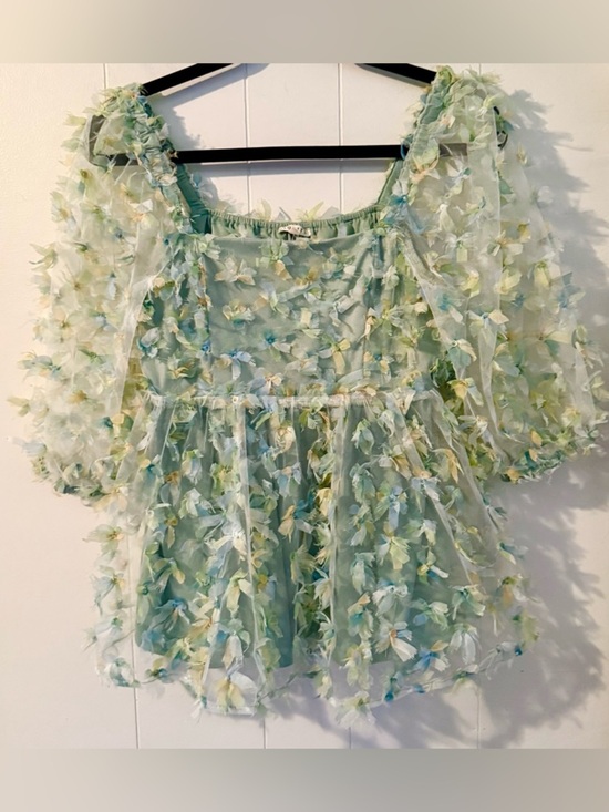 JODIFL Tops - JODIFL Women’s Sheer Dramatic Puff Sleeve Babydoll Fairy Whimsy Green, Size S
